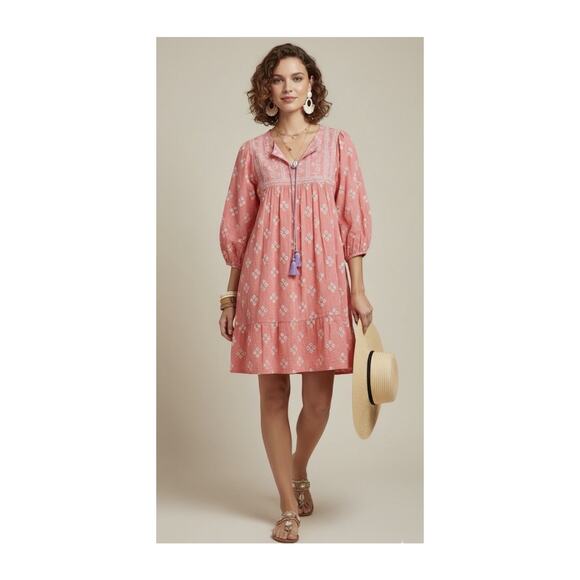 Ro's Garden Dress Womens Medium Pink Boho Peasant Tunic Tassel Beach Cover Up - Picture 1 of 6